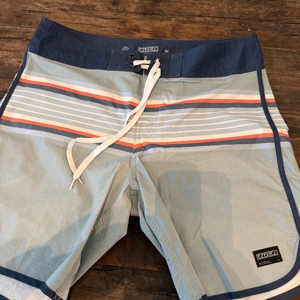Ezekiel Board Shorts Men's Striped Blue Orange Size 34 Stretch Pockets!